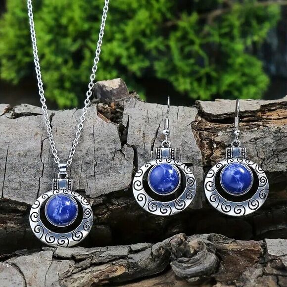 BOHO Style Tribal Earring and Necklace Set, Blue Stone - Picture 1 of 5